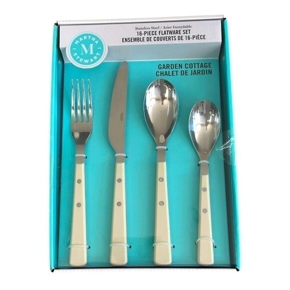 NEW Martha Stewart Garden Cottage 16pc Stainless Steel Flatware Set Ivory NIB