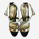 SHOEDAZZLE MORGANA Black Gold White Open Toe Platform Wedge Sandals Size 8