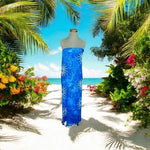 Hawaiian Tropical Blue White Sun Sarong 68"x48" Fringe Beach Cover Up Rayon EXC