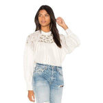 Free People Have It My Way Embroidered Knot Back Top S Ivory Mutton Sleeve VG
