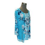 JM Collection Women's Blue Floral Jacquard Blouse XXL 3/4 Sleeve Scoop Neck VG