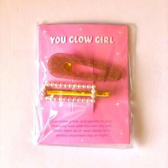 Twelve NYC You Glow Girl Hair Clips Set of 2 Gold Glitter White Beaded Macys NIP