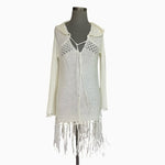 Vintage Havana Women's Ivory Navy Anchor Hooded Sweater M Fringe Knit Excellent
