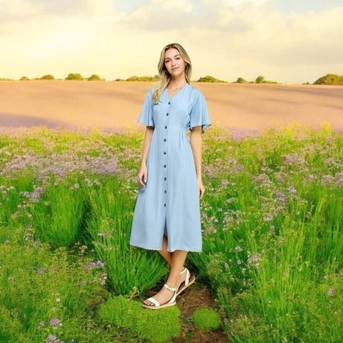 ZARA Denim Blue Button Down Dress S Midi Chambray Bell Sleeve Smocked Very Good