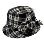Tartan Traditions Plaid Bucket Hat Black White Flower Detail Women S/M NWT