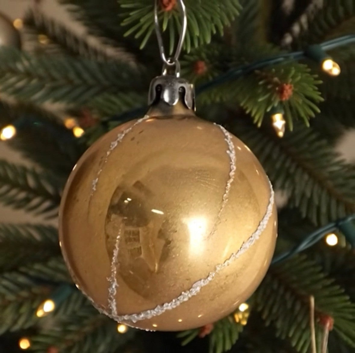 Vintage Gold Glass Christmas Ornament Glitter Vertical Stripes Good Condition