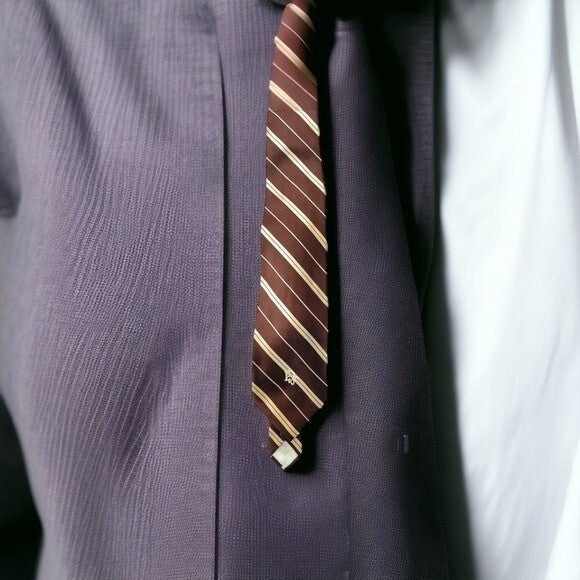 Vintage Christian Dior Signature Brown Gold Stripe 65% Silk Mens Neck Tie 57" VG