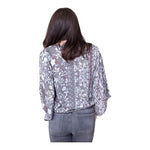 LOVESTITCH Womens Blouse M Grey Multicolor Floral Wrap Long Sleeve Knot Back VG