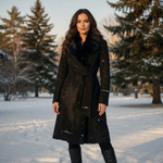 Women's Black Prima Pelle Shearling Fur Trim Wrap Coat Belted Long Jacket Size M