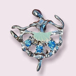 Vintage Silver Rhinestone Ballerina Brooch Pin 1.75"x1.5" Blue Ballet Dancer VG