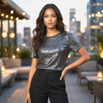 DKNY Sequin Embellished Tee Gray Sparkle Short Sleeve Top Womens M VG