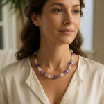 Natural Purple Amethyst Beaded Single Strand Necklace 22" Clear White VG