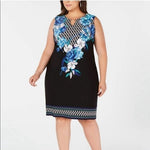 JM Collection Keyhole Sheath Dress XXL Blue Black White Floral Midi Stretch VG