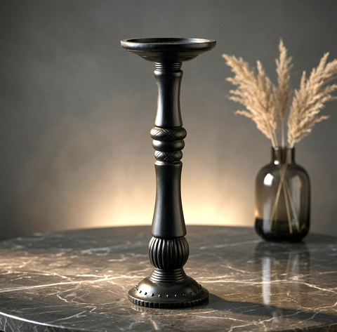 Black Ceramic Pillar Candle Holder Turned Column Design 12in VG Elegant