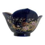 Vintage Japanese Cobalt Blue Porcelain Bowl Gold Peacock Flowers 4.5" Vase EXC