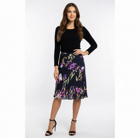 TESS Iris Floral Silk Skirt S 10 Black Multicolor Sheer Midi Skirt Lightweight