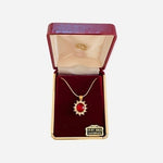Vintage 14K Gold Plated Red White Crystal Oval Halo Pendant Necklace 18" NIB