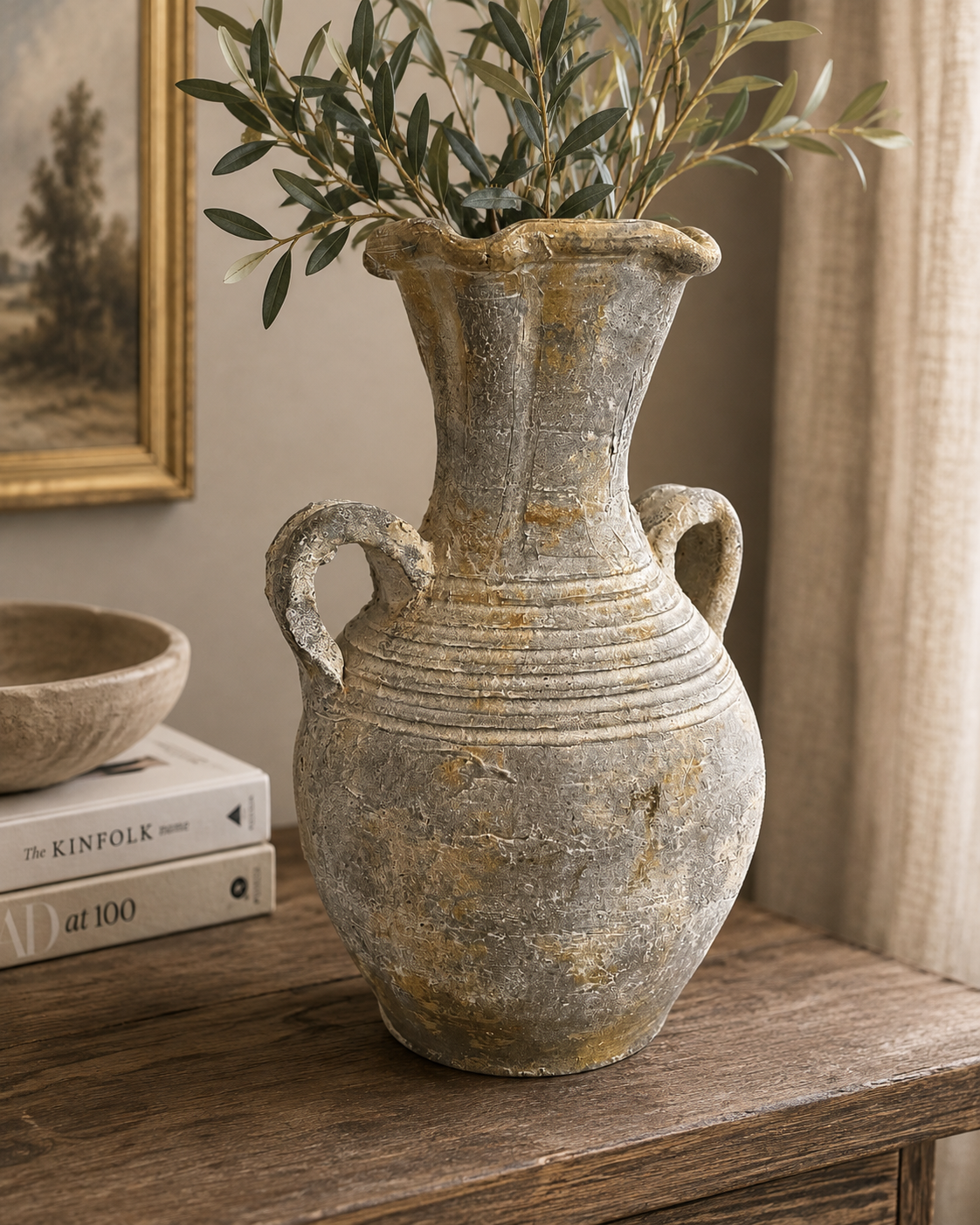 Vintage Gray Wash Amphora Vase Two Handle Ancient Greek Style Terracotta 12" VG