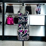 DRESSBARN Women’s Black Purple Tan Geometric Print Sheath Dress Size 8 Excellent