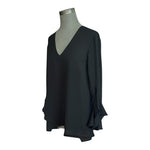 Karen Kane Women's Black Asymmetrical Crepe Blouse M V-Neck 3/4 Flutter Sleeve