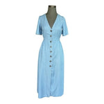 ZARA Denim Blue Button Down Dress S Midi Chambray Bell Sleeve Smocked Very Good