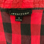 Twenty One Red Black Buffalo Plaid Ruffle Blouse S Silk High Neck Button Up EXC