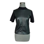 Ann Taylor Women Black Leatherette Front Knit Shell Top SP Mock Neck Short Sleev