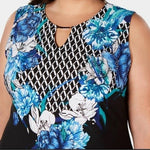 JM Collection Keyhole Sheath Dress XXL Blue Black White Floral Midi Stretch VG