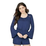 JUSTFAB Women's Navy Blue Bell Sleeve Romper Sz L Rayon Crewneck Button Back NWT