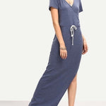 Sarin Mathews Women's Blue Cotton V-Neck Maxi Dress L Short Sleeve Beach NWT