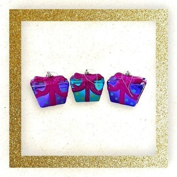 Pier 1 Gift Christmas Ornament Set 4" Polka Dot Glitter Pink Purple Gold Green