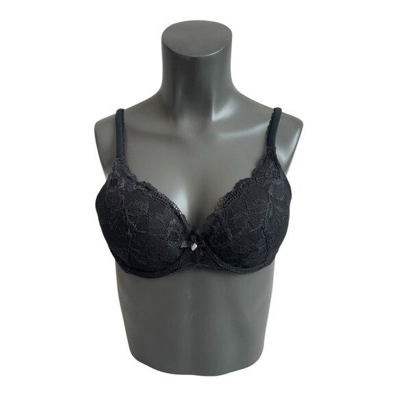 Victoria's Secret Black Sheer Floral Lace Bra 34B Padded Demi Very Sexy EXC