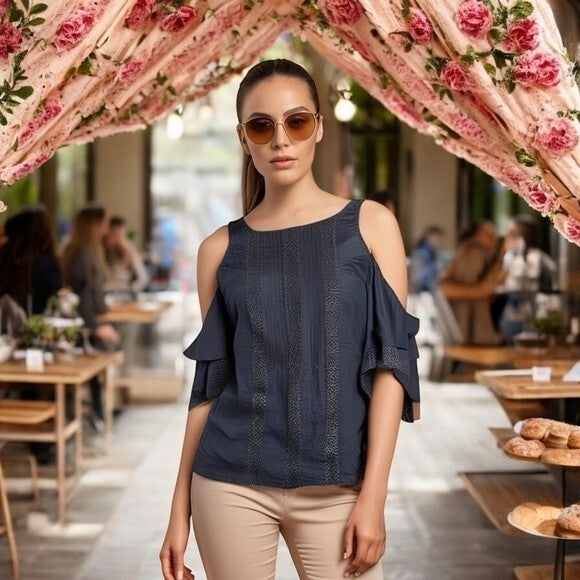 Ann Taylor Women Blouse Navy Blue Cold Shoulder Crochet Lace Ruched Tiered Sleev