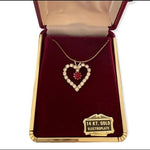 Vintage 14K Gold Plated Red White Crystal Heart Pendant Chain Necklace NIB