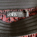 ZARA Pleated Satin Midi Skirt Black Pink Animal Print Elastic Waist Size XS
