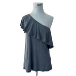 GREEN ENVELOPE Womens Top M Charcoal Gray One Shoulder Ruffle Blouse Loose Fit