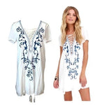 Lulus Down in Kokomo Mini Dress M White Blue Tassel Floral Embroidery Rayon EXC