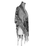 Women's Gray Silver Burnout Kimono Swim Cover Up Fringe One Size Sheer VG