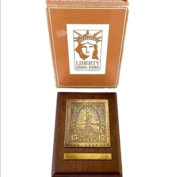 Vintage AVON Liberty 1886-1986 Centennial Wood Plaque Brass Stamp Commemorative