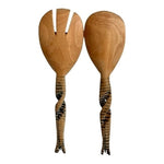 Set 2 Hand-Carved Zebra Wood Salad Serving Hands 11" Twisted Handle Tongs Set