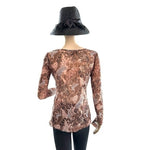 ROSSO PICANTE Womens Top S Brown Grey Animal Print Sheer Stretch Crewneck Blouse