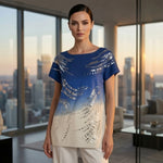 Escada Sequin Embellished Ombre Top Blue Cream Short Sleeve Womens L Sz 40