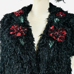 ALBERTO MAKALI Cropped Blazer S Jeweled Floral Fuzzy Jacket Black Red Green EXC