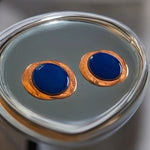 Antique Copper Blue Glass Button Clip On Earrings 1.25" Signed Genuine Copper
