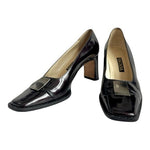 Vintage Escada Black/Brown Leather Pumps Metal Logo Stiletto Size 7B