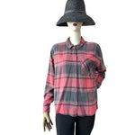 Pink Rose Women's Plaid Boyfriend Shirt L Red Grey Black Buffalo Check Cotton VG