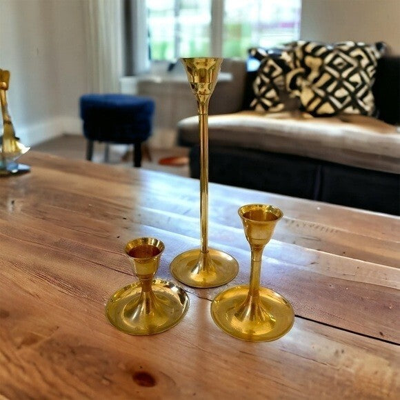 Brass Gold Tone Candlestick Set 3 Piece India Tableware Candle Holders VG