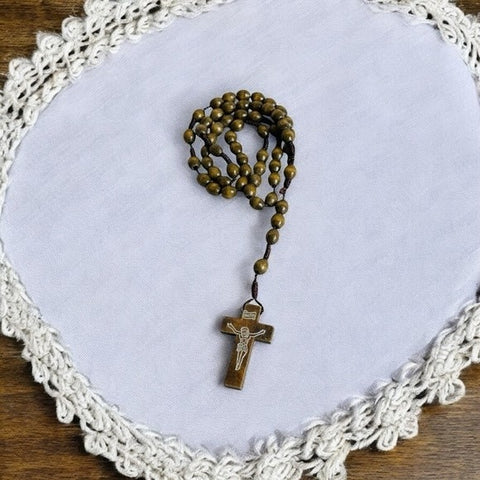 Catholic Wood Rosary Brown Beaded INRI Crucifix Prayer Necklace 17" Handmade