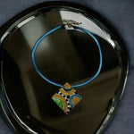 Square Enamel Crystal Pendant Necklace Multicolor Stripe Brass Tone Adjustable