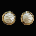 Vintage Gold White Button Clip-On Earrings 1" Ribbed Glass Metal Textured Good